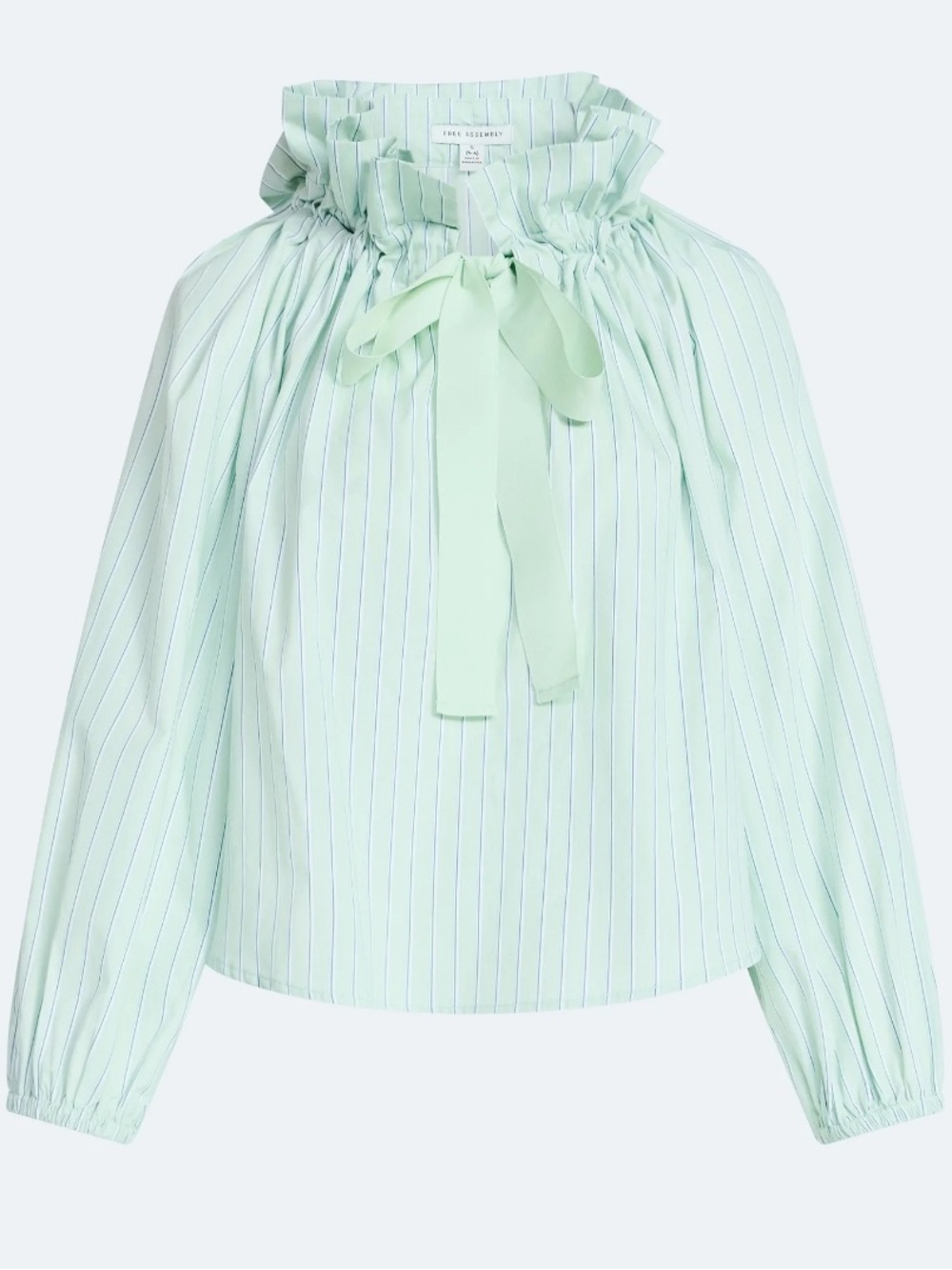 Ruffled Bow-Neck Long-Sleeve Blouse in Light Mint